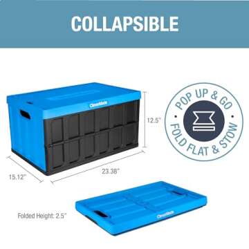 CleverMade Collapsible Storage Bin (With Lid), Neptune Blue, 3PK - 62L (16 Gal) Folding Plastic Stackable Utility Crates, Holds 100lbs Per Bin - Solid Wall CleverCrate for Organizing, Storage, Moving