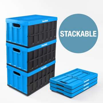 CleverMade Collapsible Storage Bin (With Lid), Neptune Blue, 3PK - 62L (16 Gal) Folding Plastic Stackable Utility Crates, Holds 100lbs Per Bin - Solid Wall CleverCrate for Organizing, Storage, Moving