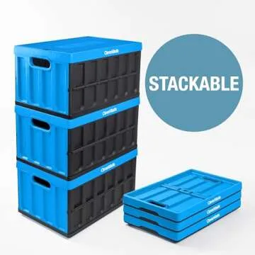 CleverMade Collapsible Storage Bin (With Lid), Neptune Blue, 3PK - 62L (16 Gal) Folding Plastic Stackable Utility Crates, Holds 100lbs Per Bin - Solid Wall CleverCrate for Organizing, Storage, Moving