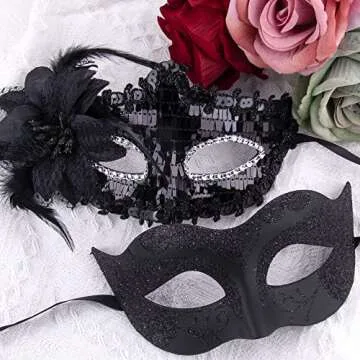 SIQUK Couple Masquerade Masks Sequins Venetian Party Plastic Halloween Costume Rhinestone Mardi Gras Mask for Women and Men, Black