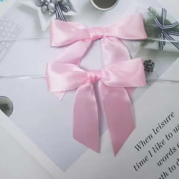Pre-Tied Pink Bow Decor 4.5 inch Premade Pink Twist Tie Bows for Gift Wrapping,Pink Satin Ribbon Bows for Crafts,Pink Bow for Treat Bags Party Favors Wedding Decorations