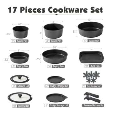 SENSARTE 17-Piece Nonstick Cookware Set with Removable Handle for Healthy Cooking.