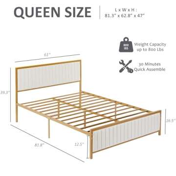 VECELO Queen Bed Frame with Stylish Gold Finish