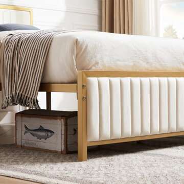 VECELO Queen Bed Frame with Stylish Gold Finish