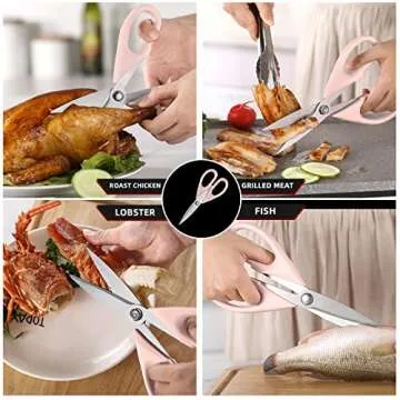 Food Scissors,SinYe Pink Kitchen Scissors with Protective Sheath, Long Blade Kitchen Shears for Chicken,All Purpose Scissors with Fine Serrations(pink)