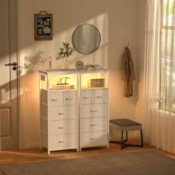 Furnulem Dresser for Bedroom, Tall Nightstand, Vertical Chest with Wood Top, Charging Station, LED Lights, 5 Fabric Bins, Bedside Table with Shelf, Furniture for Entryway (5 Drawer, White)