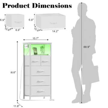 Furnulem Dresser for Bedroom, Tall Nightstand, Vertical Chest with Wood Top, Charging Station, LED Lights, 5 Fabric Bins, Bedside Table with Shelf, Furniture for Entryway (5 Drawer, White)