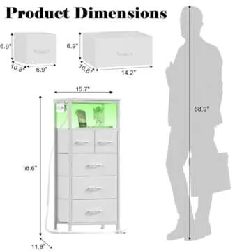 Furnulem Dresser for Bedroom, Tall Nightstand, Vertical Chest with Wood Top, Charging Station, LED Lights, 5 Fabric Bins, Bedside Table with Shelf, Furniture for Entryway (5 Drawer, White)