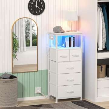 Furnulem Dresser for Bedroom, Tall Nightstand, Vertical Chest with Wood Top, Charging Station, LED Lights, 5 Fabric Bins, Bedside Table with Shelf, Furniture for Entryway (5 Drawer, White)