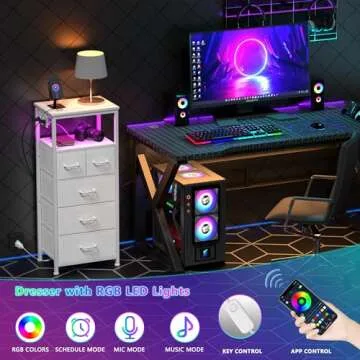 Furnulem Dresser for Bedroom, Tall Nightstand, Vertical Chest with Wood Top, Charging Station, LED Lights, 5 Fabric Bins, Bedside Table with Shelf, Furniture for Entryway (5 Drawer, White)