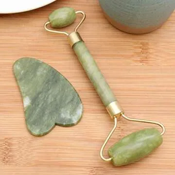 Rosenice Aventurine Gua Sha Scraping Massage Tools, Natural Stone Guasha Board for SPA Acupuncture Therapy Trigger Point Treatment (Gua sha Board+Jade Roller)