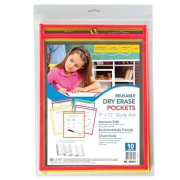 C-Line Reusable Dry Erase Pockets, 9 x 12 Inches, Assorted Neon Colors, 10 Pockets per Pack (40810)