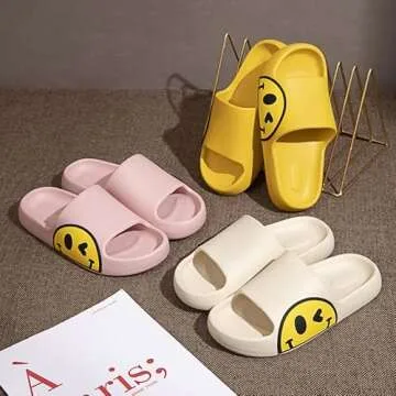 ASONGMAKE Smile Face Womens Slippers Anti-Slip Indoor Outdoor Men Open Toe Slides Home Bathroom Lightweight Unisex EVA Slippers Beige39-40