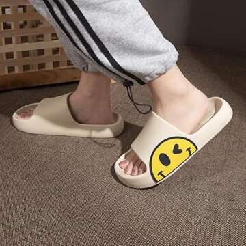 ASONGMAKE Smile Face Womens Slippers Anti-Slip Indoor Outdoor Men Open Toe Slides Home Bathroom Lightweight Unisex EVA Slippers Beige39-40