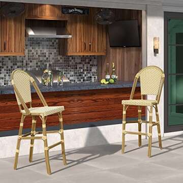 PURPLE LEAF French Bar Stool Set of 2 Bamboo Print Finish Patio Bar Stools with Back Rattan Bar Chai...