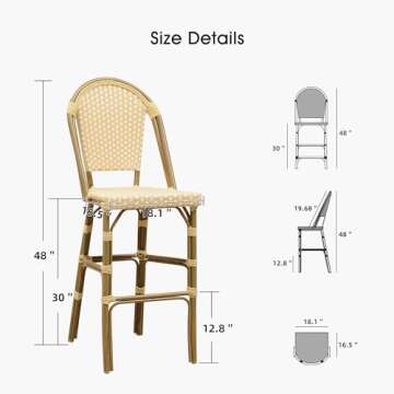 PURPLE LEAF French Bar Stool Set of 2 Bamboo Print Finish Patio Bar Stools with Back Rattan Bar Chairs Wicker Bar Height Stool 30" with Footrest Kitchen Island Stools Outdoor Barstool Cream Yellow