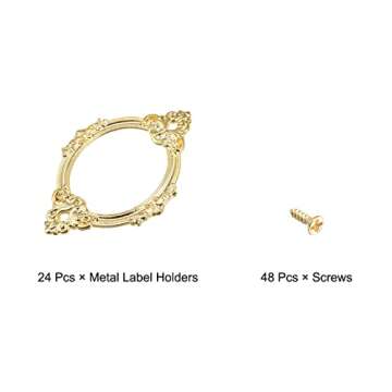 uxcell Metal Label Holders, 68x44mm 24Pcs Vintage Lace-up Business Tag Label Frame Card Holder for Shelve File Office Library Drawer, Gold Tone