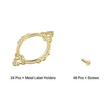 uxcell Metal Label Holders, 68x44mm 24Pcs Vintage Lace-up Business Tag Label Frame Card Holder for Shelve File Office Library Drawer, Gold Tone