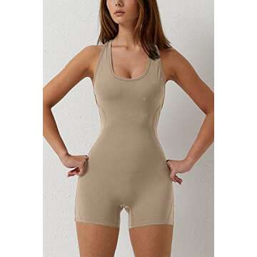 Meyeeka Stretchy Womens Jumpsuit Tummy Control One Piece Romper High Cut Jumpsuits with Chest Padded Coffee S