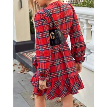 CUPSHE Women's Red Plaid Fall Dress V Neck Ruffle Cuff Long Blouson Sleeve Wrap with Side Tie Casual Mini Autumn Dresses