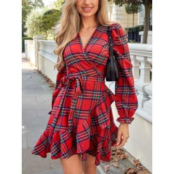 CUPSHE Women's Red Plaid Fall Dress V Neck Ruffle Cuff Long Blouson Sleeve Wrap with Side Tie Casual Mini Autumn Dresses