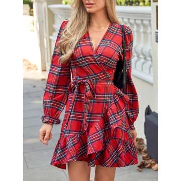 CUPSHE Women's Red Plaid Fall Dress V Neck Ruffle Cuff Long Blouson Sleeve Wrap with Side Tie Casual Mini Autumn Dresses