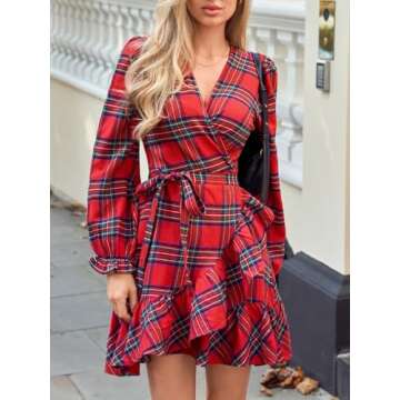 CUPSHE Women's Red Plaid Fall Dress V Neck Ruffle Cuff Long Blouson Sleeve Wrap with Side Tie Casual Mini Autumn Dresses