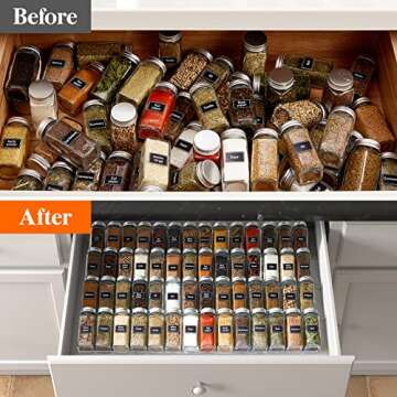 Lifewit Spice Drawer Organizer Spice Rack Seasoning Jars Storage Tray Adjustable Expandable for Kitchen, Countertop, Cabinet, Shelf, 3 Tiers, Set of 6, Clear