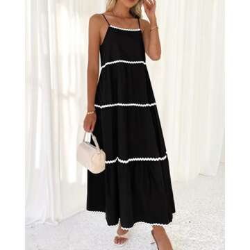 BTFBM Boho Summer Dresses 2024 Vacation Spaghetti Strap Backless RIC Rac Trim Tiered A-Line Long Casual Swing Sundress(Solid Black, Small)