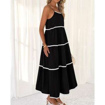 BTFBM Boho Summer Dresses 2024 Vacation Spaghetti Strap Backless RIC Rac Trim Tiered A-Line Long Casual Swing Sundress(Solid Black, Small)