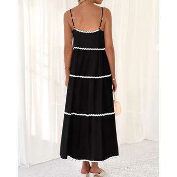 BTFBM Boho Summer Dresses 2024 Vacation Spaghetti Strap Backless RIC Rac Trim Tiered A-Line Long Casual Swing Sundress(Solid Black, Small)