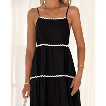 BTFBM Boho Summer Dresses 2024 Vacation Spaghetti Strap Backless RIC Rac Trim Tiered A-Line Long Casual Swing Sundress(Solid Black, Small)
