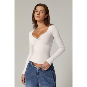 Trendy QINSEN Women's Long Sleeve Knot Front Tee in Beige