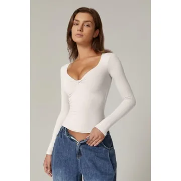 Trendy QINSEN Women's Long Sleeve Knot Front Tee in Beige