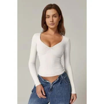 Trendy QINSEN Women's Long Sleeve Knot Front Tee in Beige