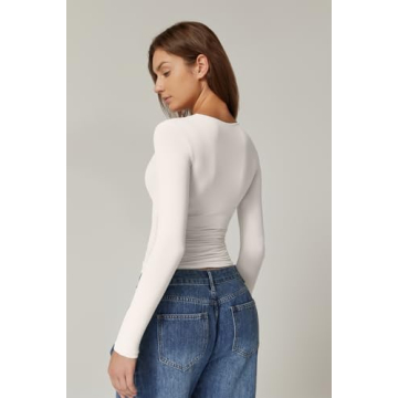 Trendy QINSEN Women's Long Sleeve Knot Front Tee in Beige