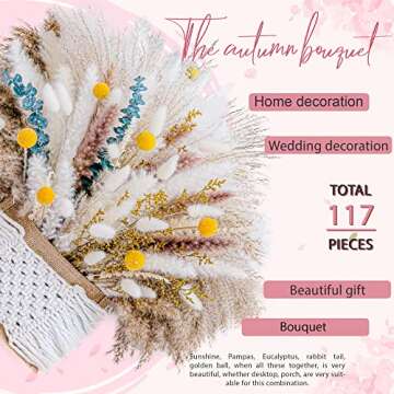 117PCS Natural Pampas Grass Mix Bouquet | Long-Lasting Dried Flowers Bouquet |Eucalyptus Wedding Boho Flowers Home Table Office Decor Rustic Farmhouse Party
