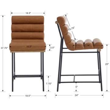 Guyou 25" Modern Upholstered Counter Stools Set of 4, PU Armless Counter Height Chairs Black Metal Legs Stool with Deep Channel Tufted Back and Seat for Kitchen Island Dining Room (Brown Leatherette)