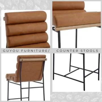 Guyou 25" Modern Upholstered Counter Stools Set of 4, PU Armless Counter Height Chairs Black Metal Legs Stool with Deep Channel Tufted Back and Seat for Kitchen Island Dining Room (Brown Leatherette)