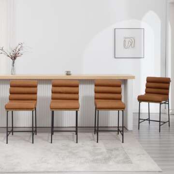 Guyou 25" Modern Upholstered Counter Stools Set of 4, PU Armless Counter Height Chairs Black Metal Legs Stool with Deep Channel Tufted Back and Seat for Kitchen Island Dining Room (Brown Leatherette)
