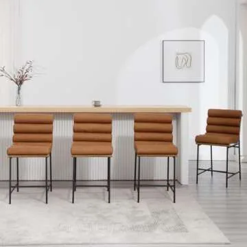 Guyou 25" Modern Upholstered Counter Stools Set of 4, PU Armless Counter Height Chairs Black Metal Legs Stool with Deep Channel Tufted Back and Seat for Kitchen Island Dining Room (Brown Leatherette)