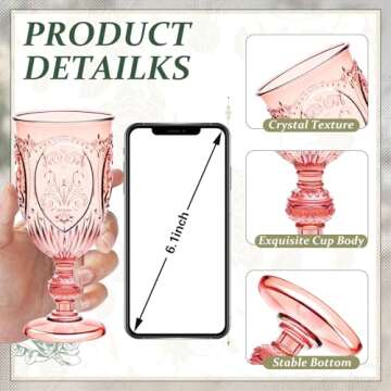 Wiwiqing 24 Pcs Plastic Goblets 7.5oz Vintage Goblet Plastic Wine Glasses Colored Retro Embossed Water Goblets for Wine Bar Juice Baby Shower Wedding Reception Grand Event Party (Pink)