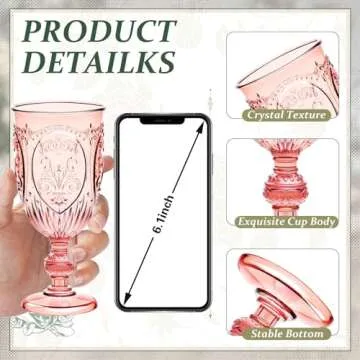 Wiwiqing 24 Pcs Plastic Goblets 7.5oz Vintage Goblet Plastic Wine Glasses Colored Retro Embossed Water Goblets for Wine Bar Juice Baby Shower Wedding Reception Grand Event Party (Pink)