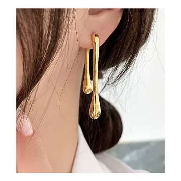 Minimalist Teardrop Front Back Dangle Drop Earrings for Women Unique Design Thick Line 14K Gold Plated Dangling Hypoallergenic Fashion Jewelry Gifts (gold)