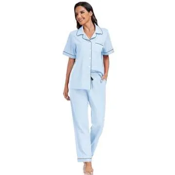 EA'S SECRET Womens Pajama Sets 100% Cotton Short Sleeve Shirt and Pajama Pants Soft Sleepwear Loungewear Button Down Pj Set (Light Blue,M)