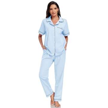 EA'S SECRET Womens Pajama Sets 100% Cotton Short Sleeve Shirt and Pajama Pants Soft Sleepwear Loungewear Button Down Pj Set (Light Blue,M)