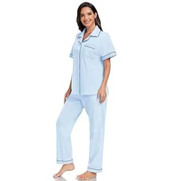 EA'S SECRET Womens Pajama Sets 100% Cotton Short Sleeve Shirt and Pajama Pants Soft Sleepwear Loungewear Button Down Pj Set (Light Blue,M)