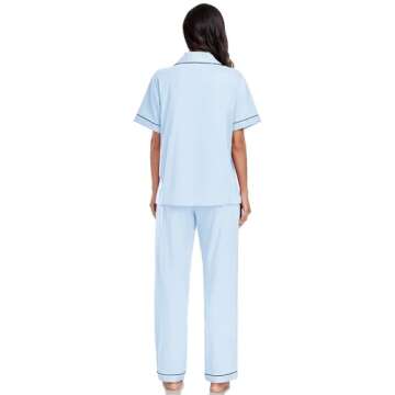 EA'S SECRET Womens Pajama Sets 100% Cotton Short Sleeve Shirt and Pajama Pants Soft Sleepwear Loungewear Button Down Pj Set (Light Blue,M)