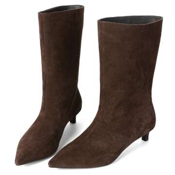 YIYA Women's Brown Suede Kitten Low Heel Mid Calf Boots Pointed Toe Wide Calf Pull On Winter Fall Sh...