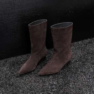 YIYA Women's Brown Suede Kitten Low Heel Mid Calf Boots Pointed Toe Wide Calf Pull On Winter Fall Short Boots